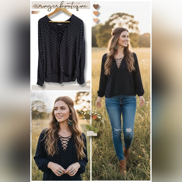 🌿Billabong Forget Me Knot Shirt Womens Medium Black White Polka Lace-Up V-Neck - Picture 9 of 11